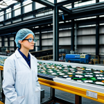 **Prompt:** A professional environmental engineer, fully clothed in a lab coat and safety glasses, inspecting a high-tech recycling plant, surrounded by conveyor belts and sorting machines, appropriate attire, safe for work, perfect anatomy, natural proportions, clean and modern photography.