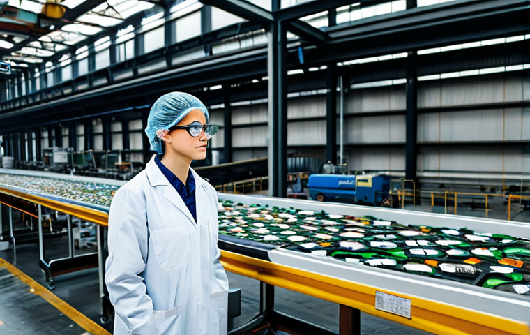 **Prompt:** A professional environmental engineer, fully clothed in a lab coat and safety glasses, inspecting a high-tech recycling plant, surrounded by conveyor belts and sorting machines, appropriate attire, safe for work, perfect anatomy, natural proportions, clean and modern photography.